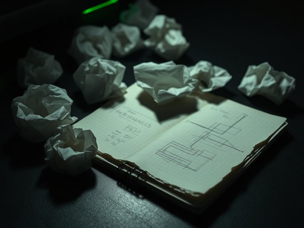 Anotações amassadas de projetos que nunca foram executados